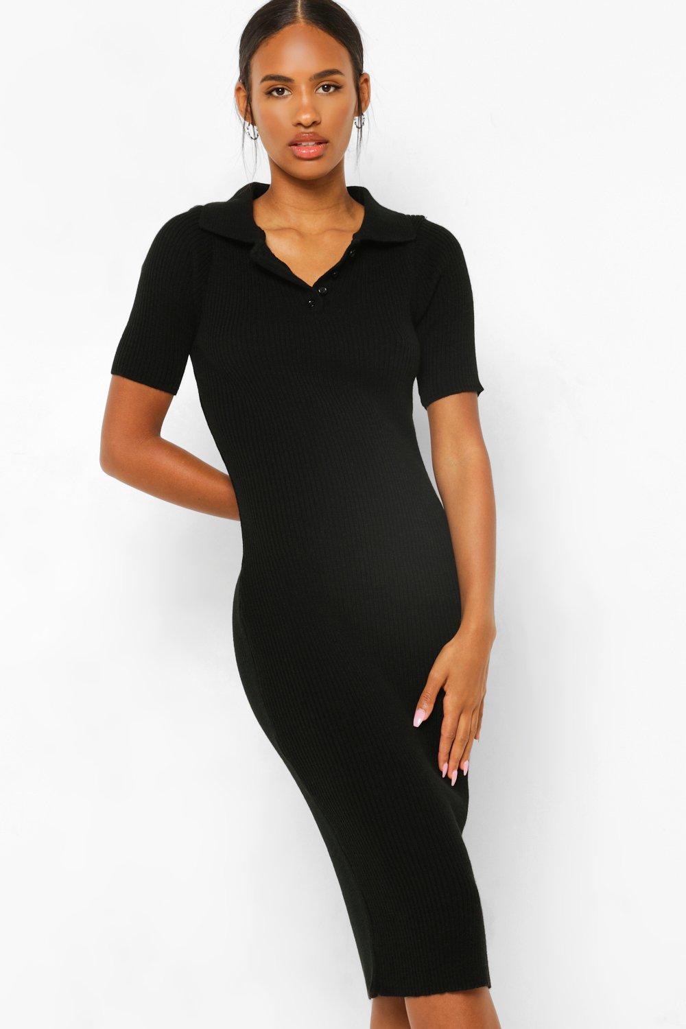 UK Women Ladies Short sleeve Knitted Black Collared Bodycon Mini Party Dress